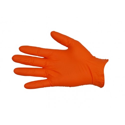 This is a right hand nitrile orange disposable glove