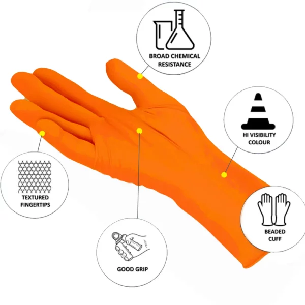 nitrile orange disposable glove Is versatile and many heavy duty uses