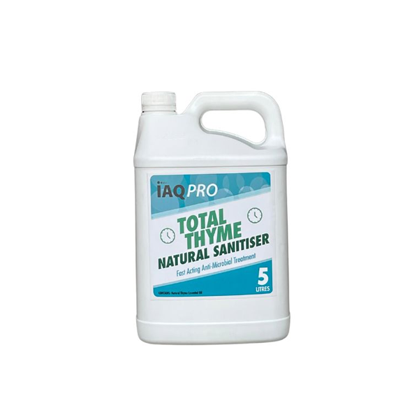 This is an image of Total Thyme natural sanitiser in a 5L container bottle, with a in-built handle and white screw on lid.