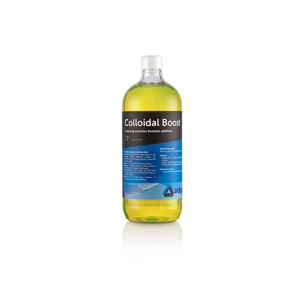 Image description: A clear 1L bottle of Colloidal Boost, a cleaning booster additive, with a label displaying the product name and relevant information. The bottle features a secure cap and a sleek design, indicating its professional-grade quality.