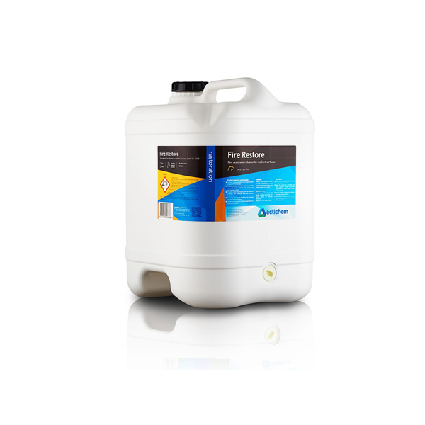 Image of Actichem Fire Restore 20L container. Large-size packaging for efficient fire restoration cleaning on hard surfaces. Powerful solution for effective removal of stubborn soot and smoke residue. Professional-grade cleaning product for comprehensive fire damage restoration.