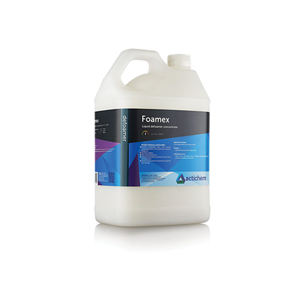 A 5L container of Foamex Liquid, a professional-grade anti-foaming liquid for cleaning systems. The container showcases the product label with the brand name and a description.