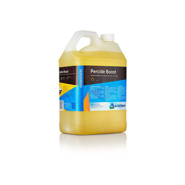 Image of Percide and Percide Boost 5L containers. High-capacity packaging for powerful mould spore treatment and accelerated cleaning.