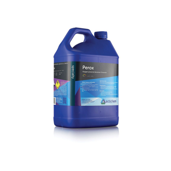 An image of Perox, a high-strength 50% Hydrogen Peroxide solution. It is placed in opaque blue 5L bottle. The image conveys the concept of Perox as a versatile and environmentally friendly solution, suitable for various applications such as destaining, whitening, low-temperature sanitizing, and mould remediation.