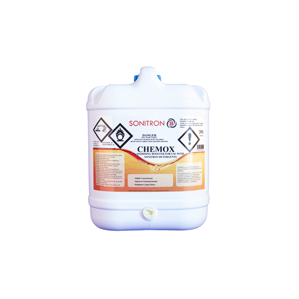 A white 20L bottle of Chemox, a powerful additive and booster for Sonitron detergents. The bottle features a secure screw-on cap and a clear label displaying the product name and information. The size is clearly indicated as 20L