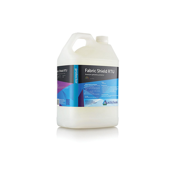 An image of Actichem Fabric Shield RTU 5L bottle with label visible. Actichem Fabric shield RTU is a product that protects carpet and upholstery from penetrative staining.