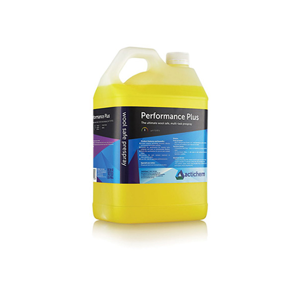 A 5L container of Actichem's Performance Plus, the market-leading wool-safe prespray detergent for superior carpet cleaning results.