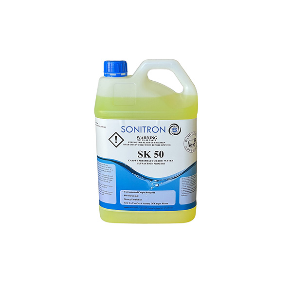 An image of the Sk50 Carpet Prespray in its 20L sturdy bottle, with label visible. The 5L bottle is good for commercial contexts.