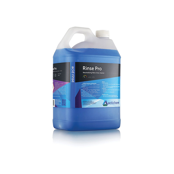 An image of Actichem Rinse Pro 5L bottle, with label visible and a blue liquid inside the translucent container.An image of Actichem Rinse Pro 5L bottle, with label visible and a blue liquid inside the translucent container.