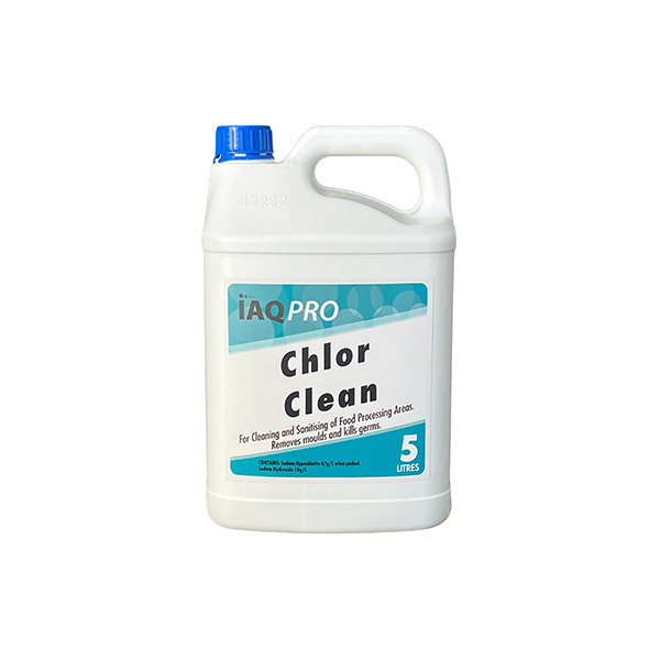 An image of the IAQ Pro Chlor Clean 5L white opaque bottle with a blue screw on lid. It is used for heavy duty cleaning in food preparation areas and to remove mildew and mould.