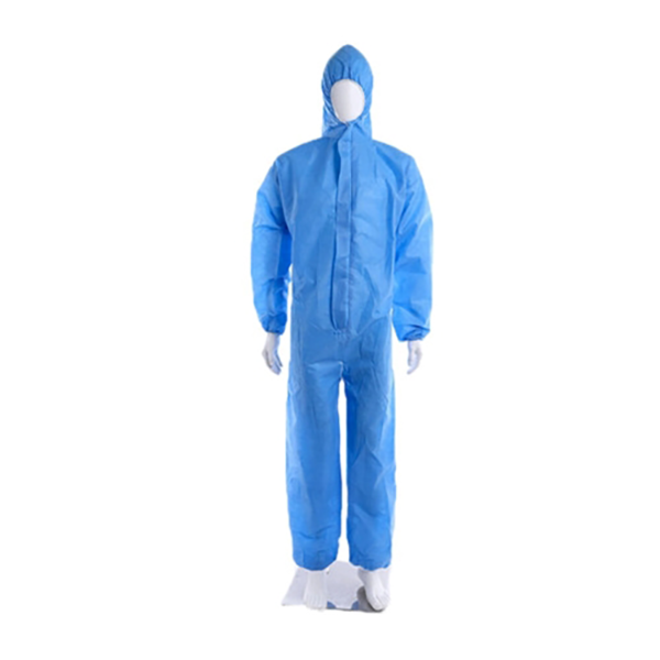Disposable blue coveralls with elastic waistband, zipper flap, and anti-static properties - lightweight, breathable, and ideal for warm working environments: Front on shot.