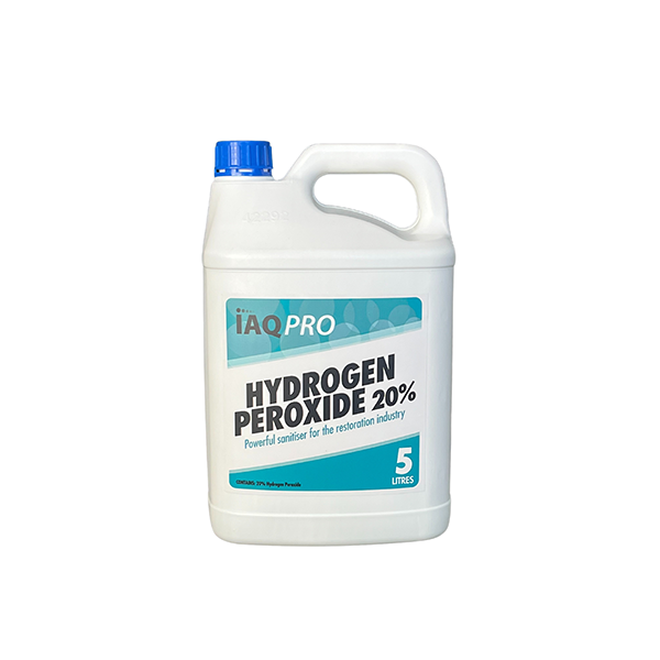 An image of IAQ Hydrogen Peroxide 20% 5L, a powerful oxidising agent that helps remove stubborn stains down to the molecular level. It is a white opaque 5l pottle with a blue cap screw on cap. Front label is visible.