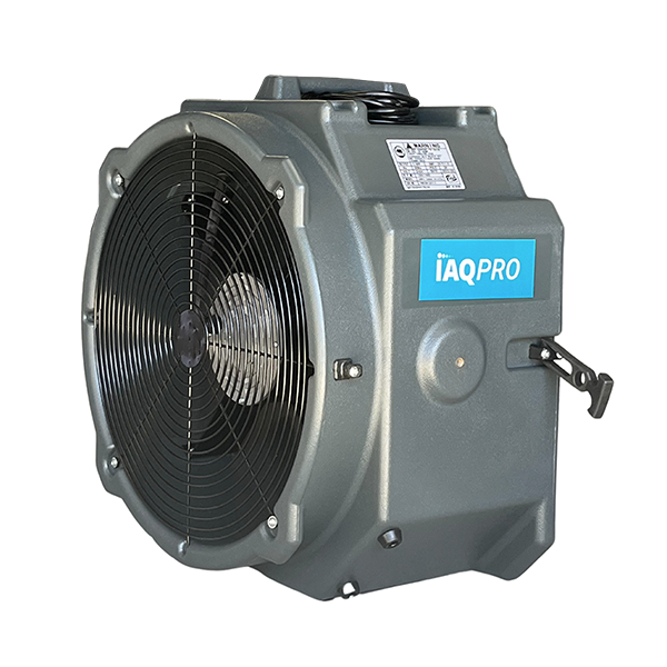 An image of the IAQ Pro Zephyr Axial Fan, the grey variant. This axial fan can stack up to four high, making it easily storable.
