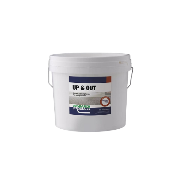 The Up & Out 10kg white tub of powdered pre-spray: Very cost efficient. It is a white opaque tub with label clearly visible on the front. A white lid is placed on top providing an effective seal.