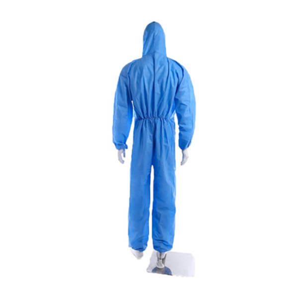 Disposable blue coveralls with elastic waistband, zipper flap, and anti-static properties - lightweight, breathable, and ideal for warm working environments: behind shot.