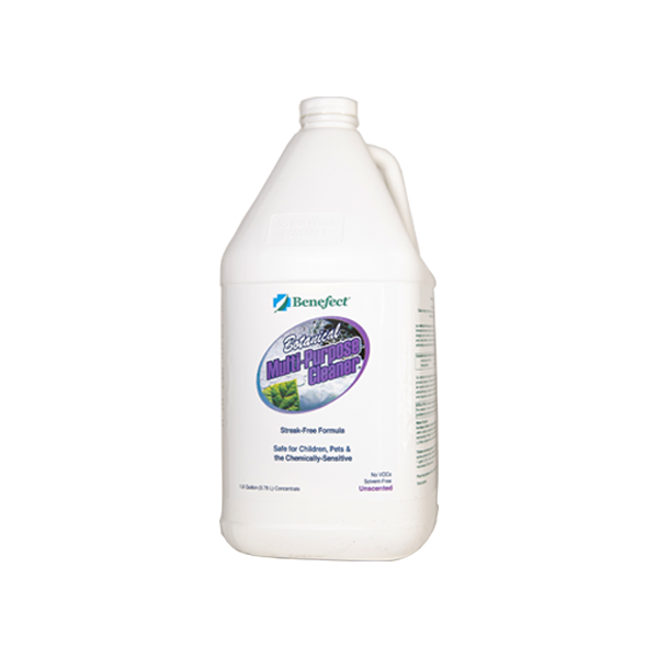 An image of Benefect's Multipurpose cleaner 3.78L white opaque bottle with screw on cap. It is a green friendly, all purpose cleaner.