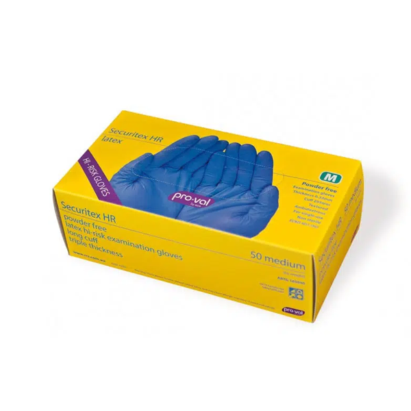 The Pro-Val Hi Risk Securitex Blue Gloves come in a yellow box of 50 gloves.