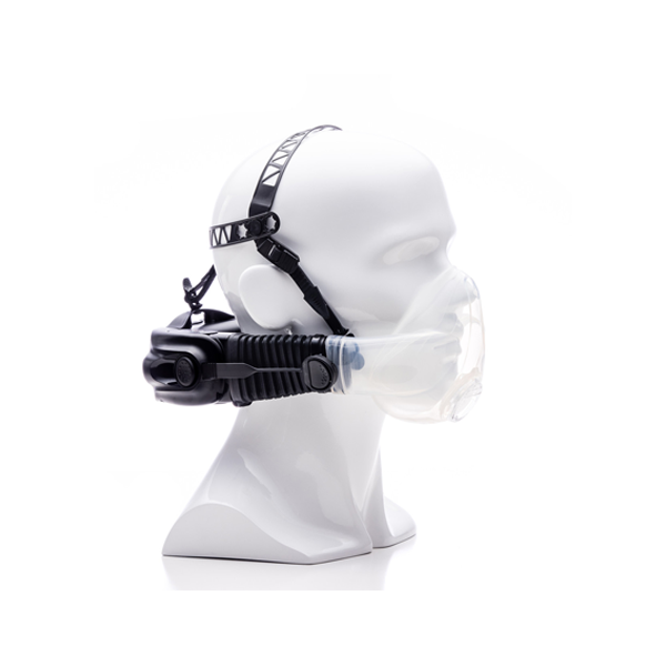 An image of CST1035 Half Mask by CleanSpace on a model head. The included head harness is shown with the mask, both attached to the PAPR CST1000 Power Pro System (not lincluded).v