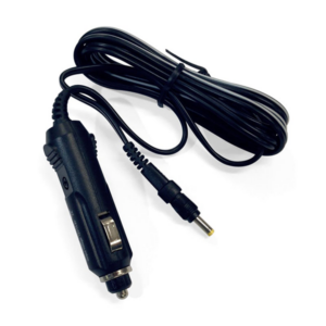 A picture of the CleanSpace Car Charger which is compatible with all CleanSpace models. This is a picture of the car charger from above, and has the cord coiled and tied up. The picture shows both the car charger outlet and inlet.