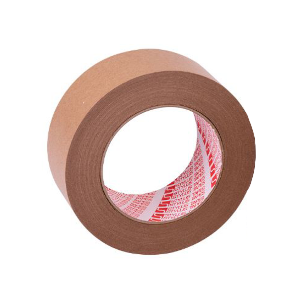 A picture of Stylus Tapes' 270 Flat Back Kraft tape, showing it from the side, with its brown colour variant, 48mm x 50m long.