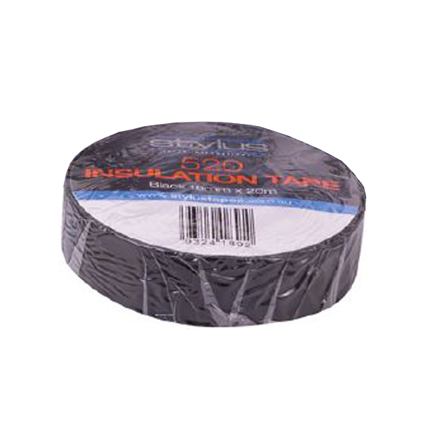 A picture of Stylus Tapes' 520 Black Electrical Tape, sealed in plastic sealed packaging, with label and barcode visible.