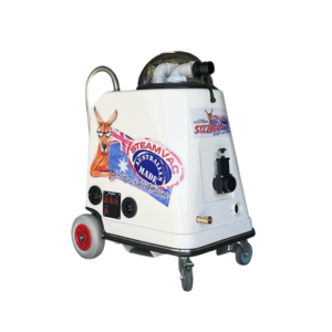 The SteamVac Max 220 is a reliable & portable steam cleaning machine that can clean carpet and upholstery. This picture shows the Max 220 sizzler model from the front, on 2 caster wheels and 2 large rubber wheels, with 2 metal hands to push it with.