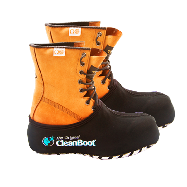 This picture depicts The Original Cleanboot on two work boots side by side on a white background. There overshoe covers help prevent damage, stainining or otherwise marking of client's floors with dirty work books that are common with tradies.