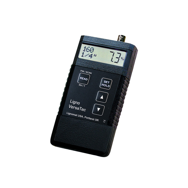 An image of the Ligno-Versatec Moisture meter, with pinless and pinned moisture readings.